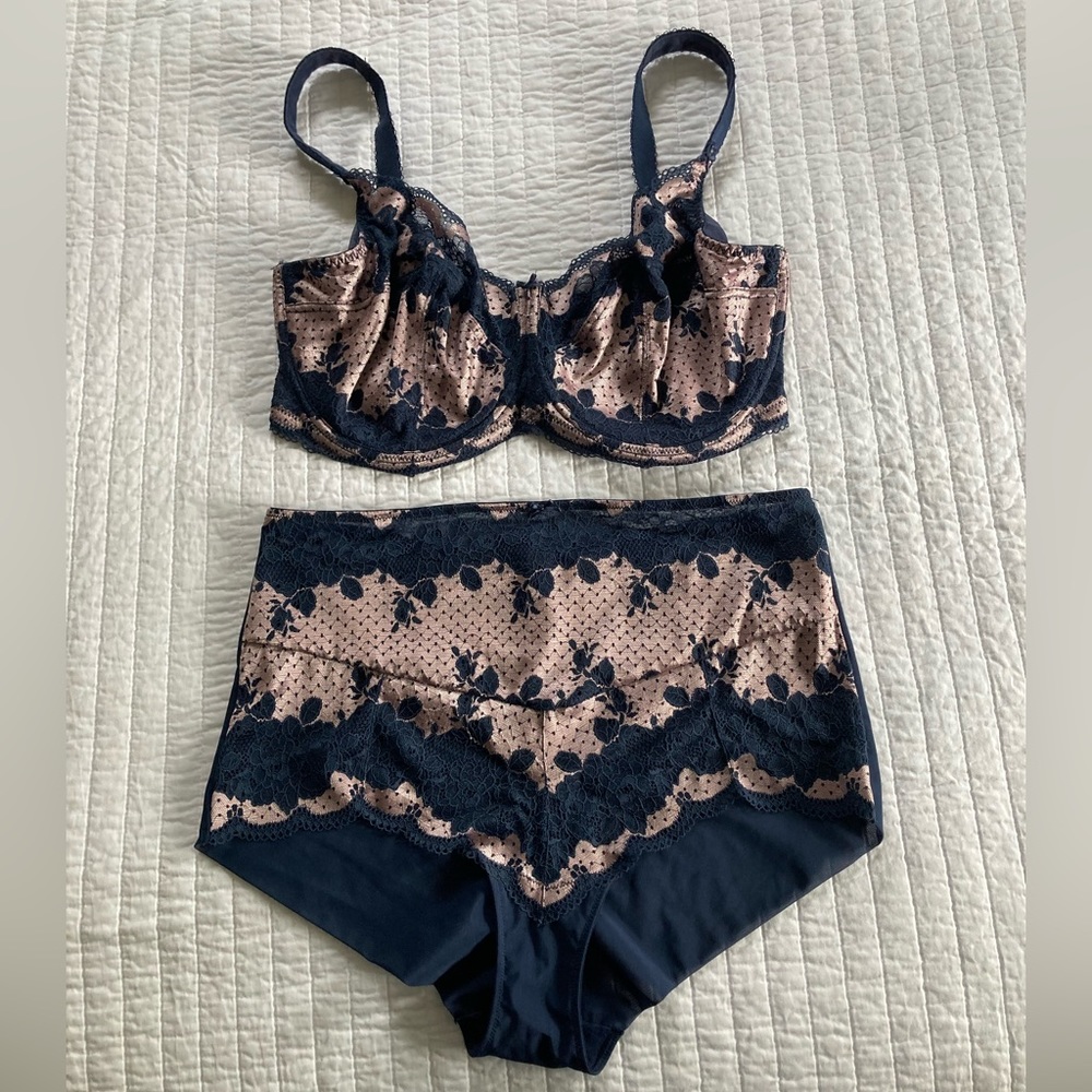 Panache Clara Bra and Panty, 36H, Navy & Blush